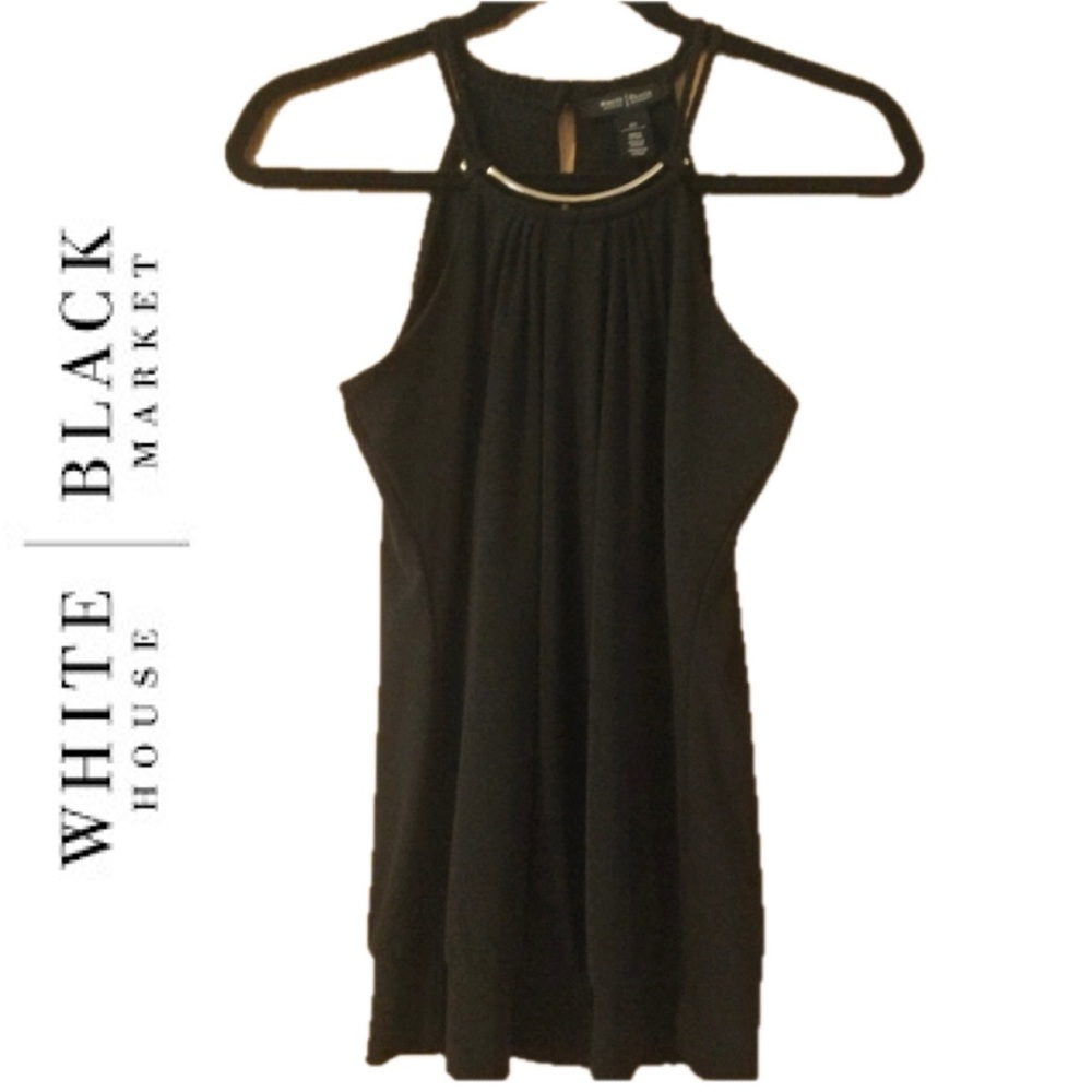 White House Black Market Black Sleeveless Halter Top with Silver Collar, XS